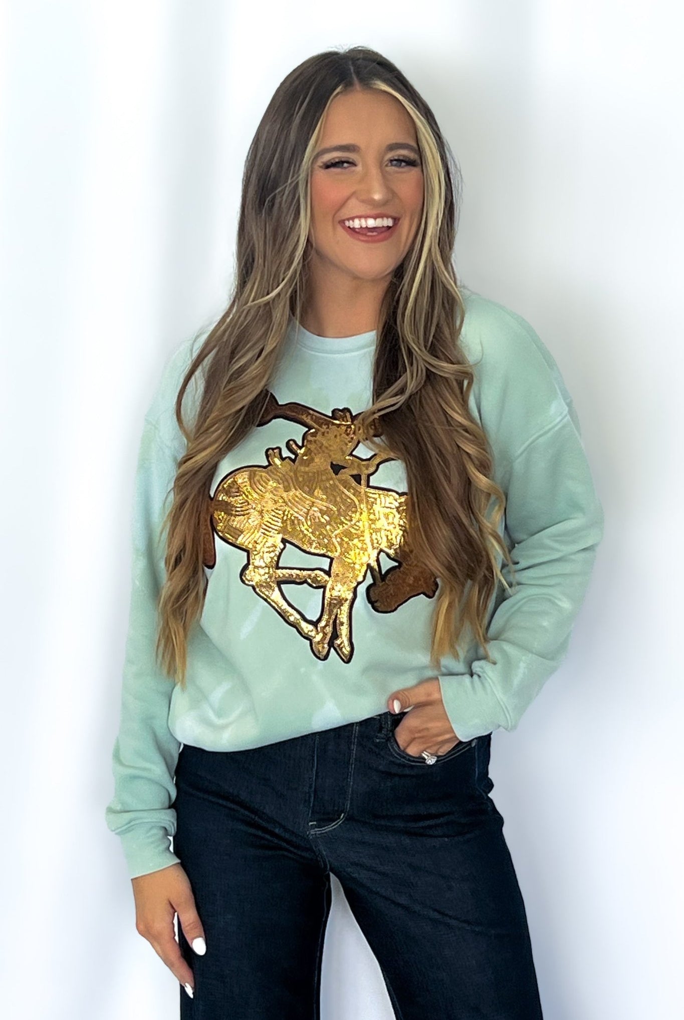 Gold Sequin Horse Bleached Sweatshirt - Cowhide and Conchos
