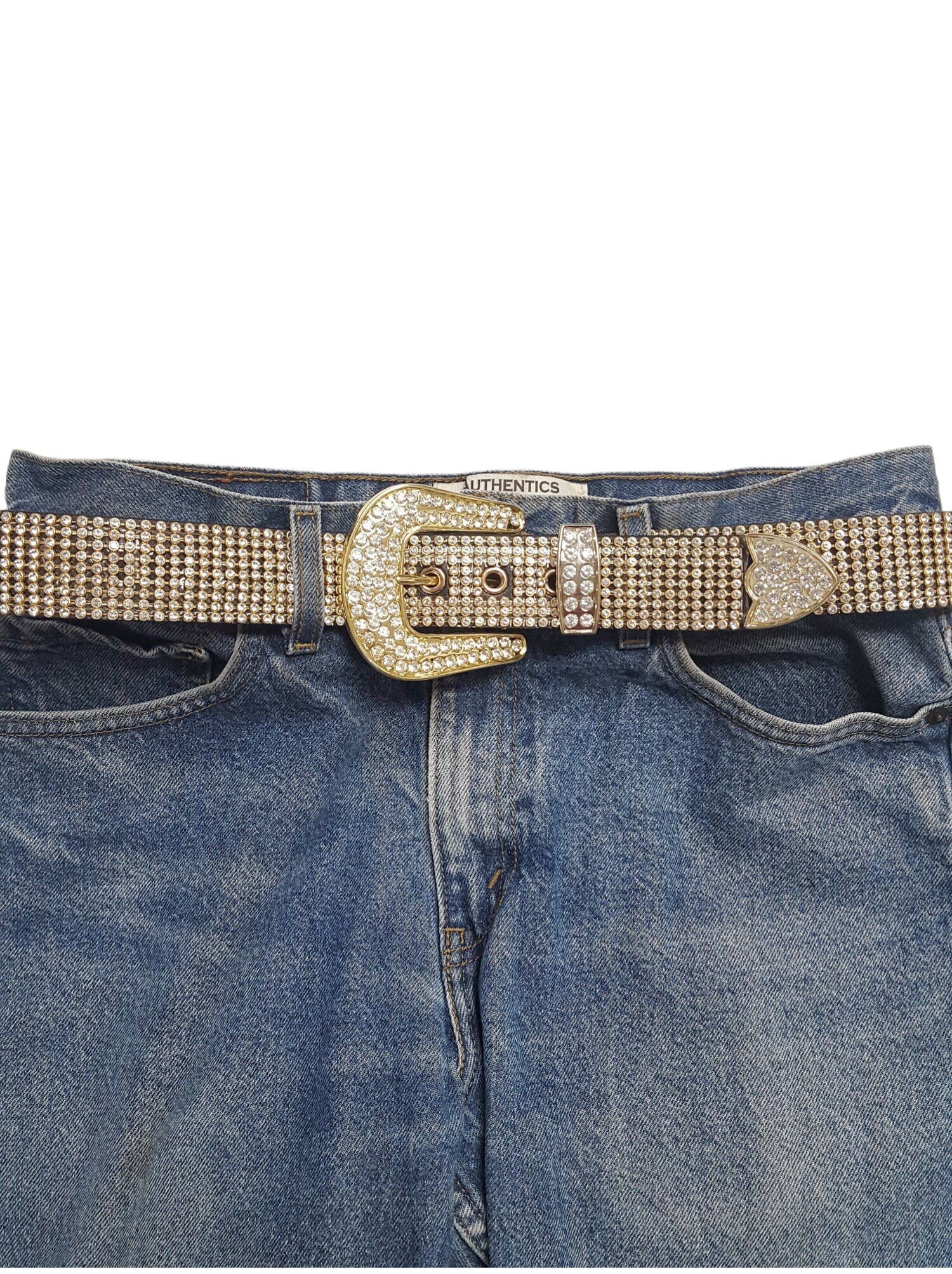 Gold Western Rhinestone belt - Cowhide and Conchos