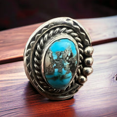 Gorgeous Turquoise Ring - Size 7, Signed Chapo - Cowhide and Conchos