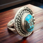 Gorgeous Turquoise Ring - Size 7, Signed Chapo - Cowhide and Conchos