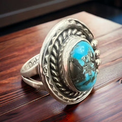 Gorgeous Turquoise Ring - Size 7, Signed Chapo - Cowhide and Conchos