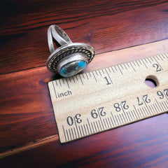 Gorgeous Turquoise Ring - Size 7, Signed Chapo - Cowhide and Conchos