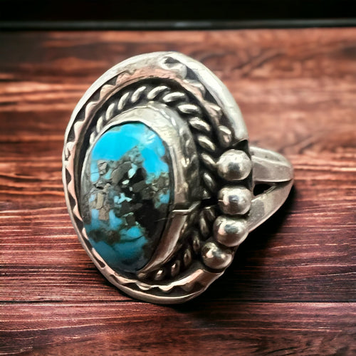 Gorgeous Turquoise Ring - Size 7, Signed Chapo - Cowhide and Conchos