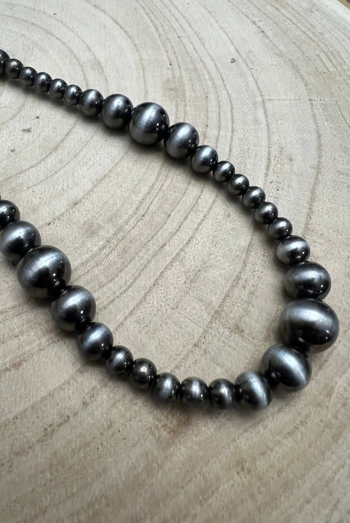 Graduated Faux Sterling Pearl Necklace - 18 inch - Cowhide and Conchos
