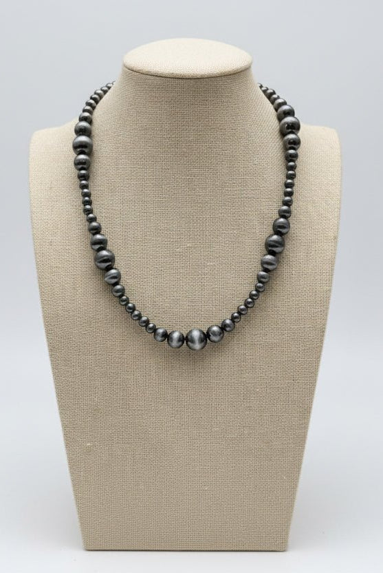 Graduated Faux Sterling Pearl Necklace - 18 inch - Cowhide and Conchos