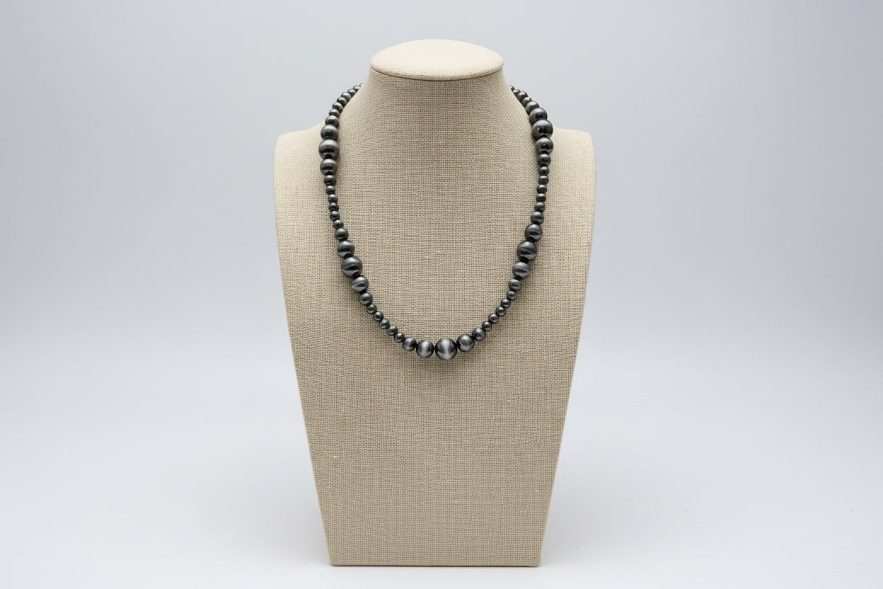 Graduated Faux Sterling Pearl Necklace - 18 inch - Cowhide and Conchos
