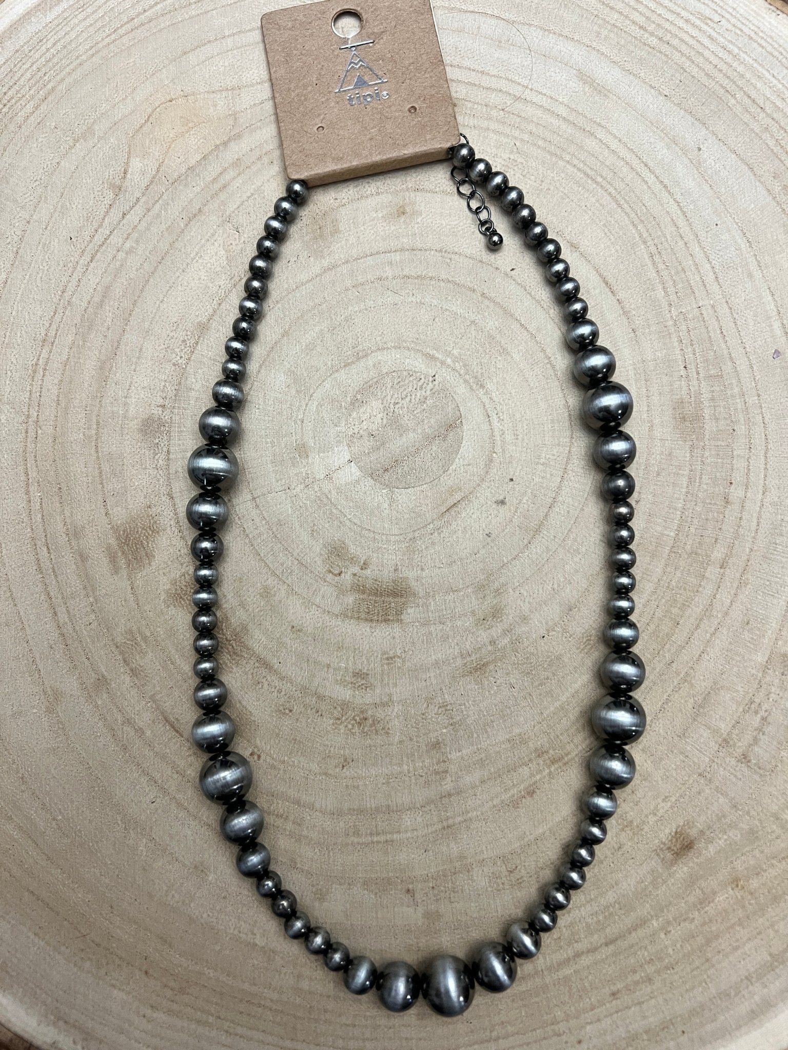 Graduated Faux Sterling Pearl Necklace - 18 inch - Cowhide and Conchos