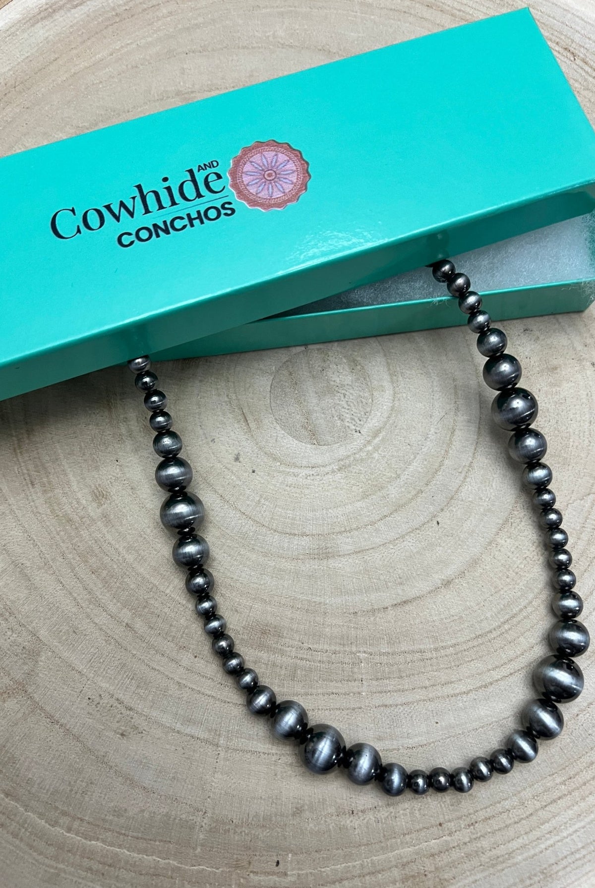 Graduated Faux Sterling Pearl Necklace - 18 inch - Cowhide and Conchos