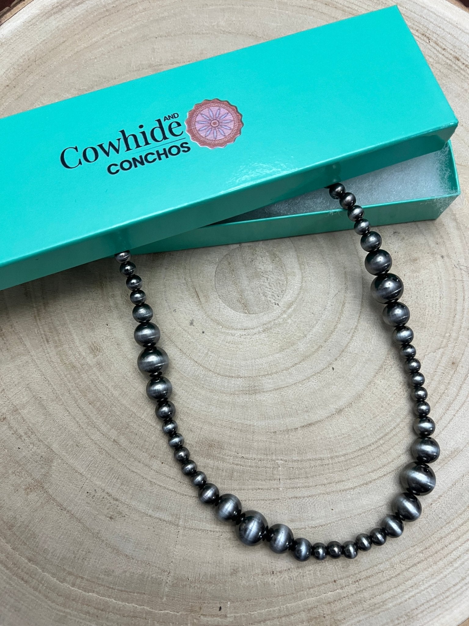 Graduated Faux Sterling Pearl Necklace - 18 inch - Cowhide and Conchos