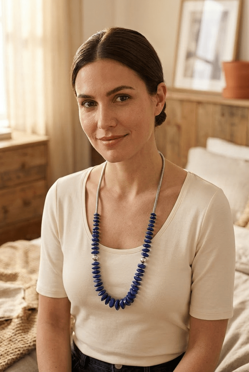 Graduated Lapis Necklace with Sterling Pearl & Hematite — 22 inch - Cowhide and Conchos