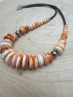 Graduated Orange Spiny Necklace with Sterling Silver Pearls - 23 inch - Cowhide and Conchos
