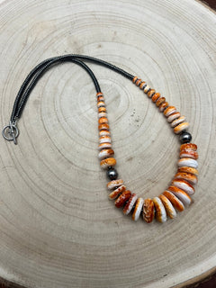 Graduated Orange Spiny Necklace with Sterling Silver Pearls - 23 inch - Cowhide and Conchos