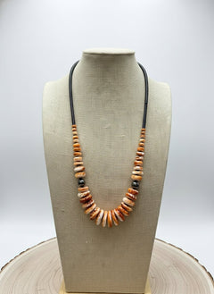 Graduated Orange Spiny Necklace with Sterling Silver Pearls - 23 inch - Cowhide and Conchos