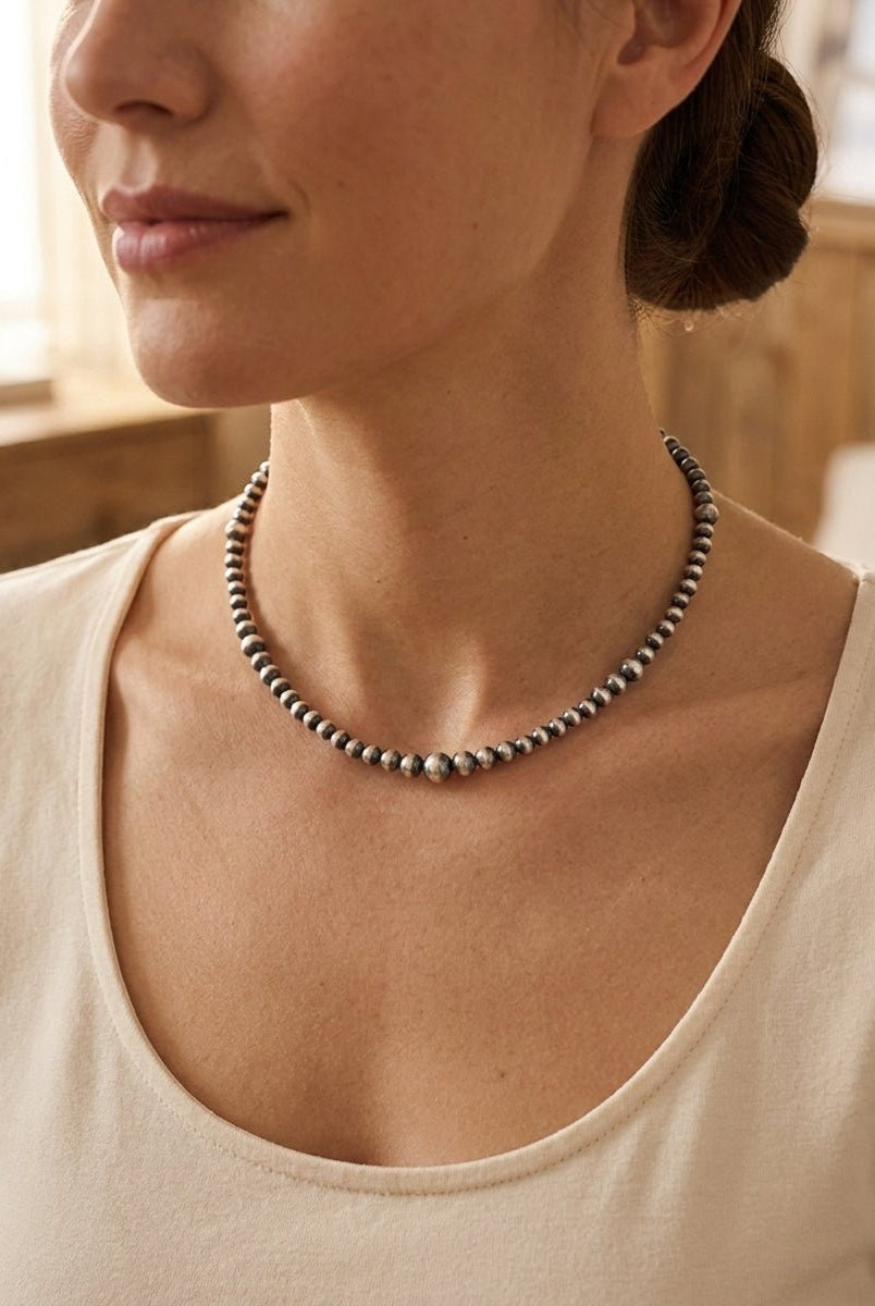 Graduated Sterling Pearl Choker — 15 inch (4-5-6-8mm Oxidized) - Cowhide and Conchos