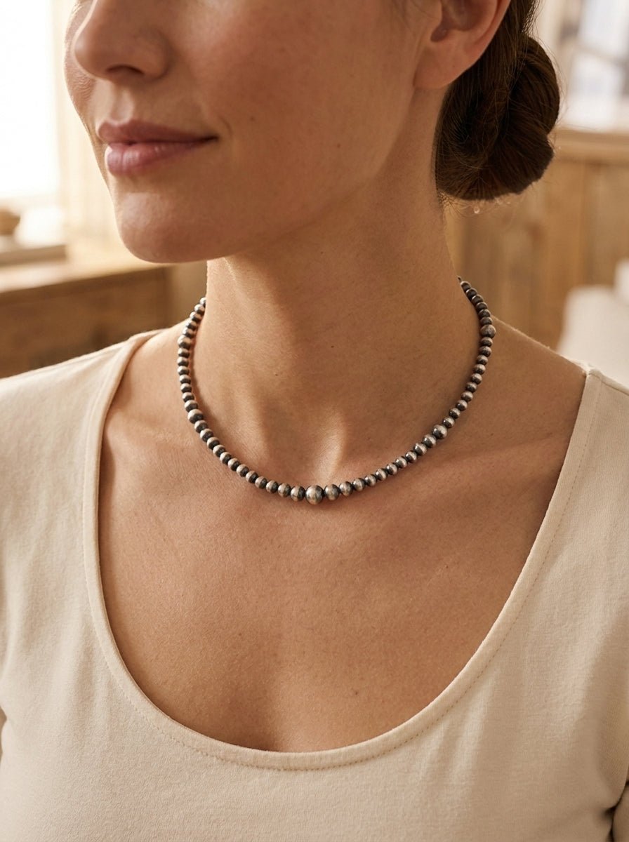 Graduated Sterling Pearl Choker — 15 inch (4-5-6-8mm Oxidized) - Cowhide and Conchos