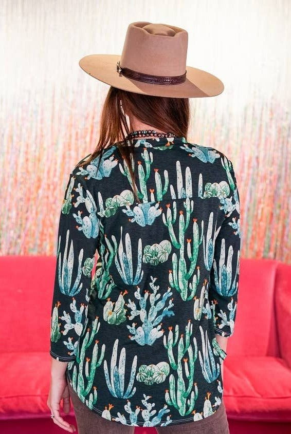 Green Cactus Bulgari V Neck Collared Top - Cowhide and Conchos
