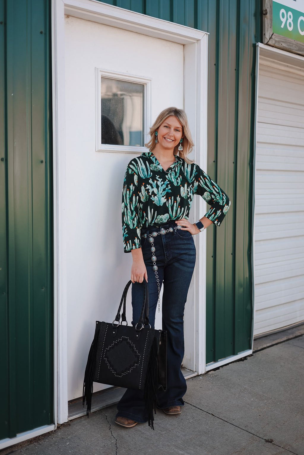 Green Cactus Bulgari V Neck Collared Top - Cowhide and Conchos