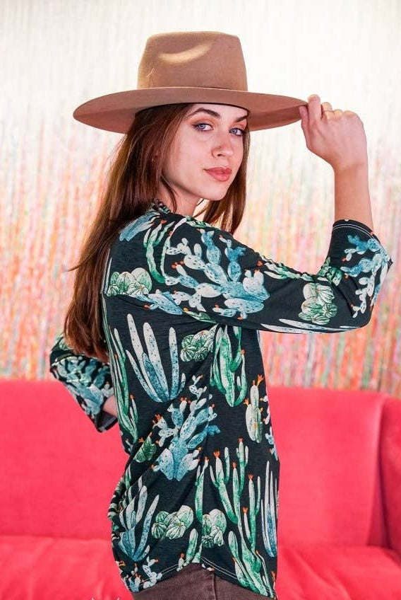 Green Cactus Bulgari V Neck Collared Top - Cowhide and Conchos