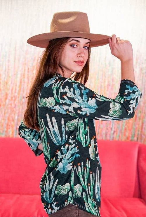 Green Cactus Bulgari V Neck Collared Top - Cowhide and Conchos