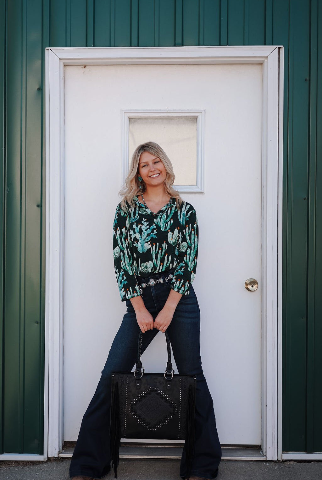 Green Cactus Bulgari V Neck Collared Top - Cowhide and Conchos