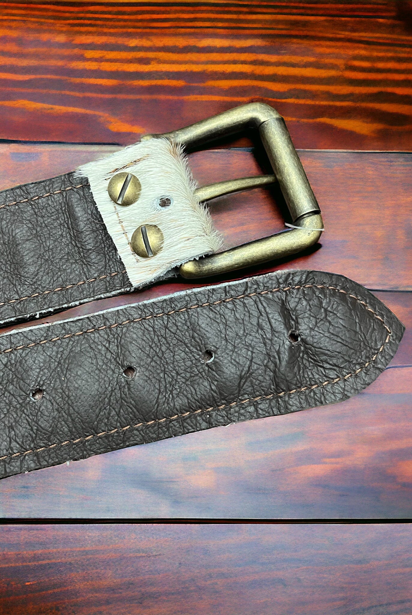 Hair on Hide Tan Brindle Leather Belt with Antique Belt Buckle - Large/XL - Cowhide and Conchos