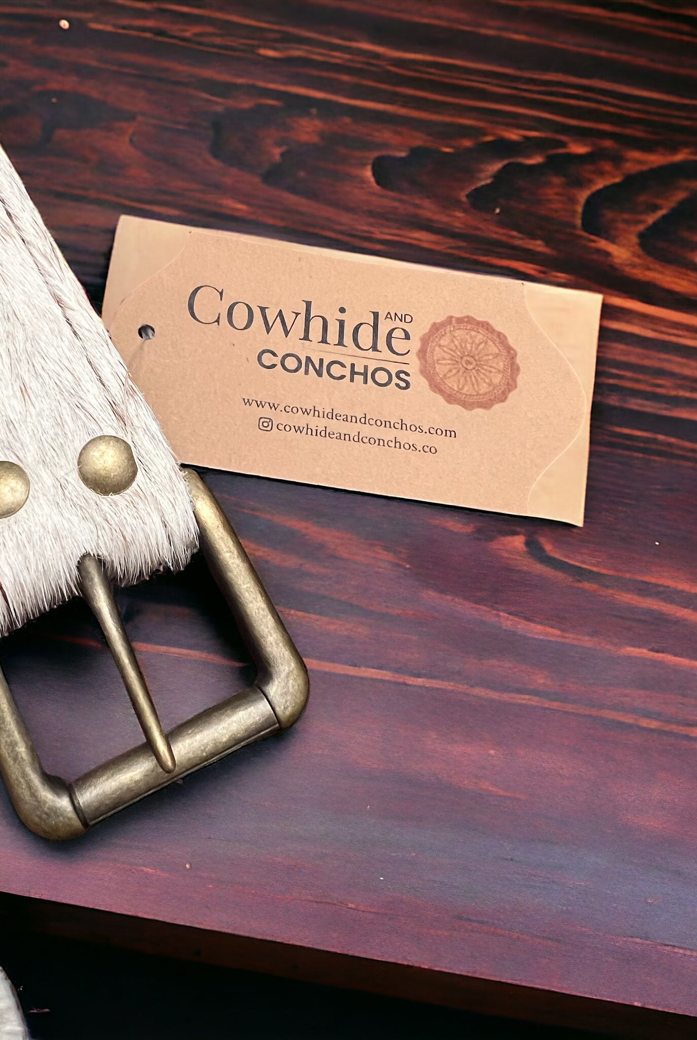 Hair on Hide Tan Brindle Leather Belt with Antique Belt Buckle - Large/XL - Cowhide and Conchos