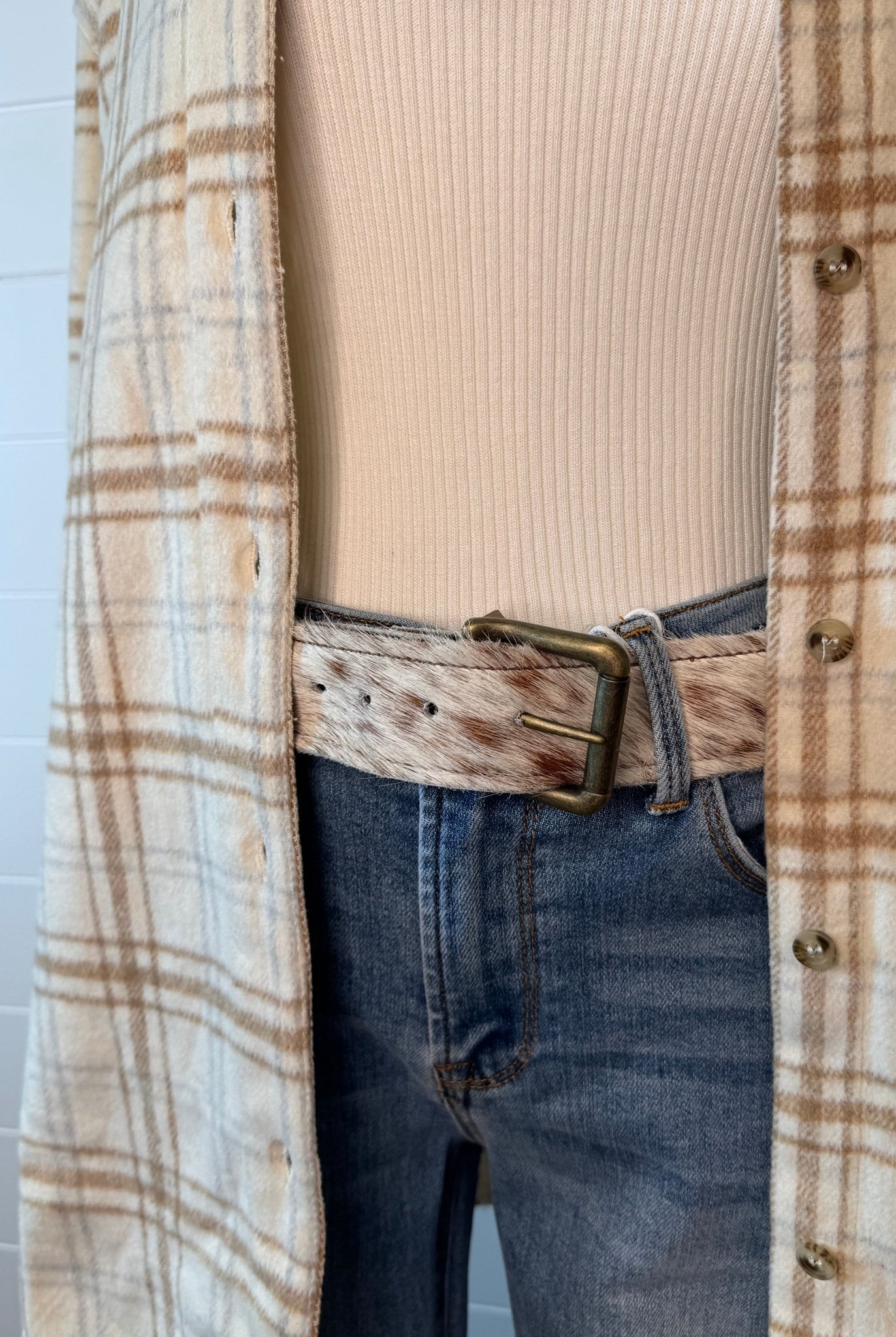 Hair on Hide Tan Brindle Leather Belt with Antique Belt Buckle - Large/XL - Cowhide and Conchos