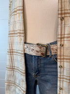 Hair on Hide Tan Brindle Leather Belt with Antique Belt Buckle - Large/XL - Cowhide and Conchos