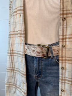 Hair on Hide Tan Brindle Leather Belt with Antique Belt Buckle - Large/XL - Cowhide and Conchos