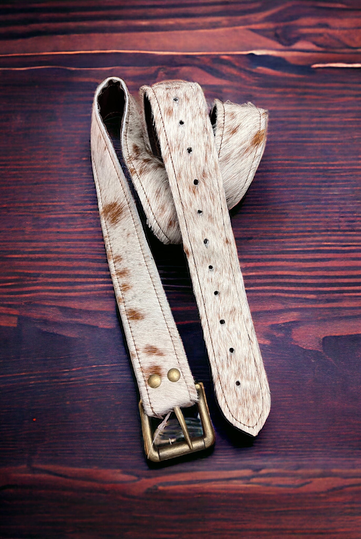 Hair on Hide Tan Brindle Leather Belt with Antique Belt Buckle - Large/XL - Cowhide and Conchos