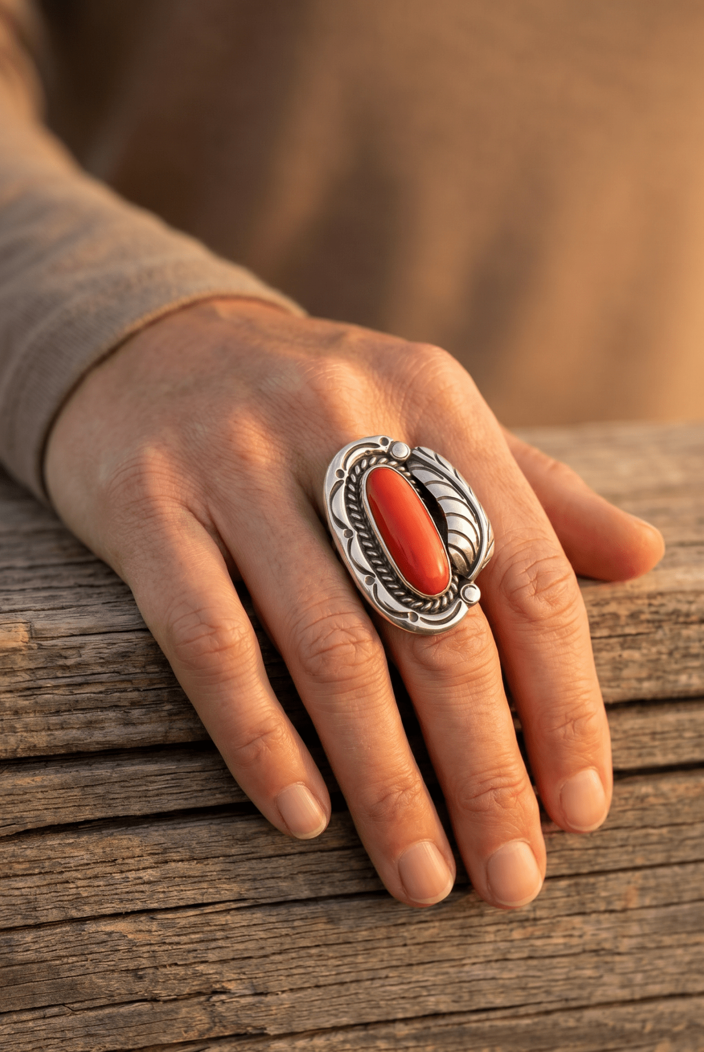 Hallmark LJ Sterling Silver Coral Ring with Leaf Detail — Size 6.5 (Vintage Native American) - Cowhide and Conchos