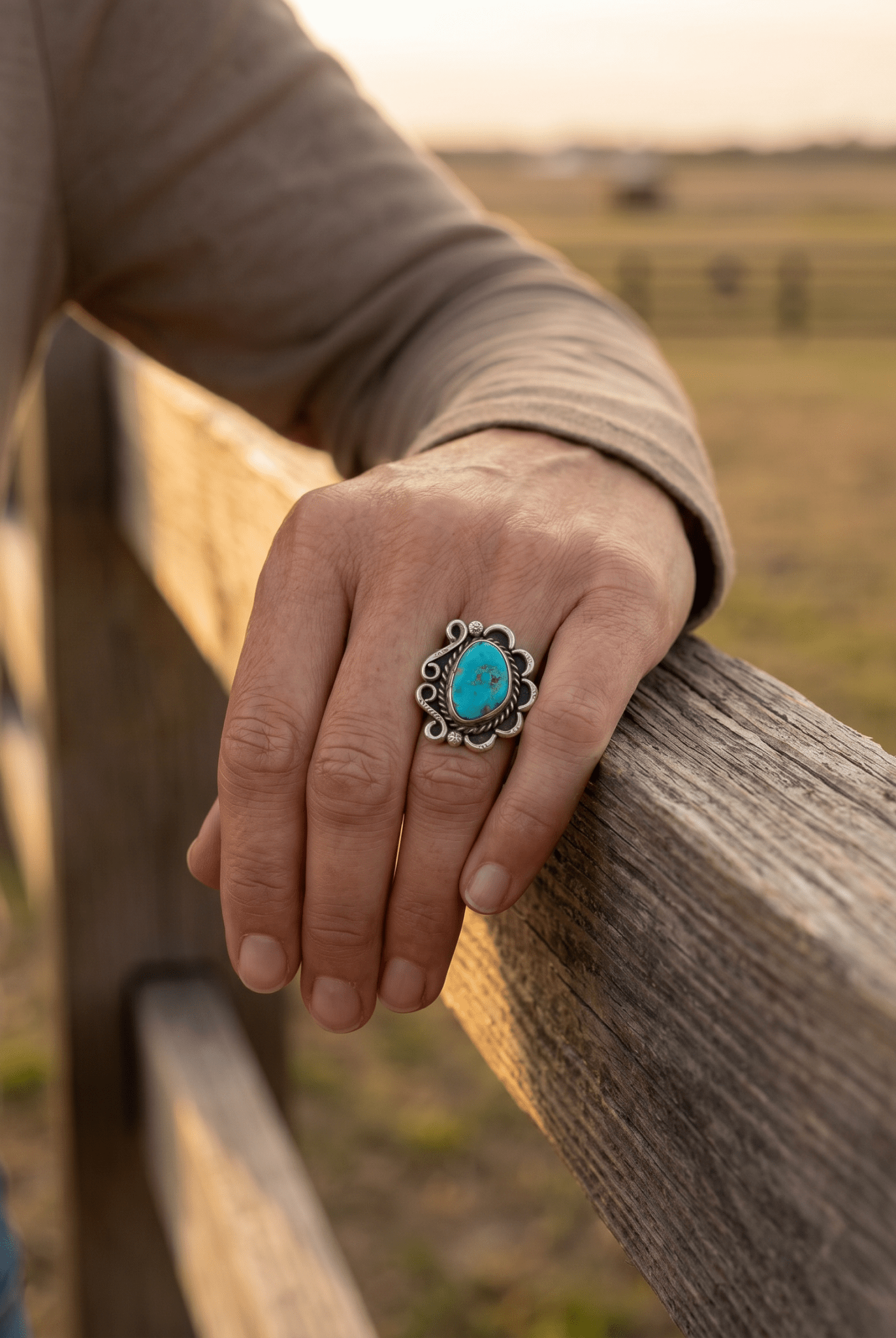 Hand-Stamped Sterling Silver Turquoise Cabochon Ring — Hallmark RJ, Size 7 (Vintage Native American) - Cowhide and Conchos