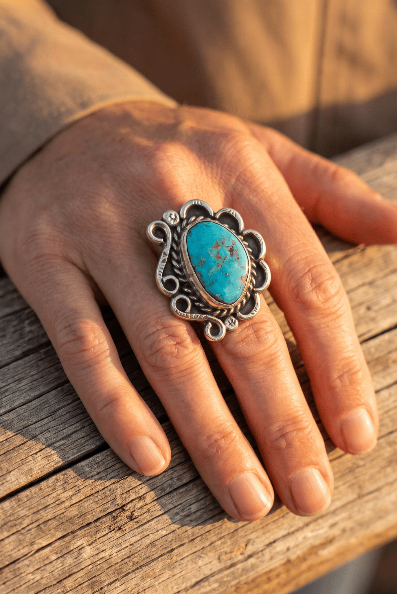 Hand-Stamped Sterling Silver Turquoise Cabochon Ring — Hallmark RJ, Size 7 (Vintage Native American) - Cowhide and Conchos