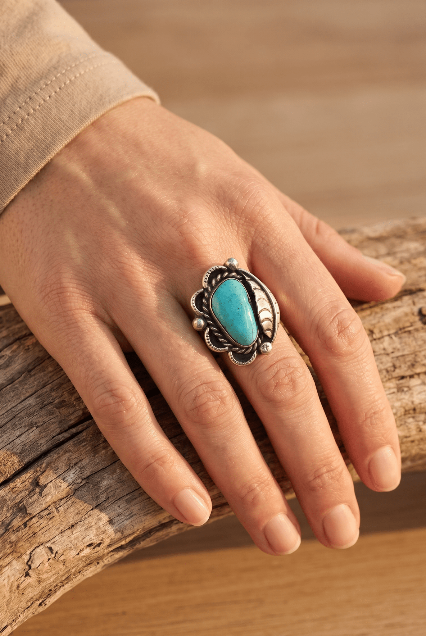 Hand-Stamped Sterling Silver Turquoise Cabochon Ring with Leaf Detail — Size 7 - Cowhide and Conchos