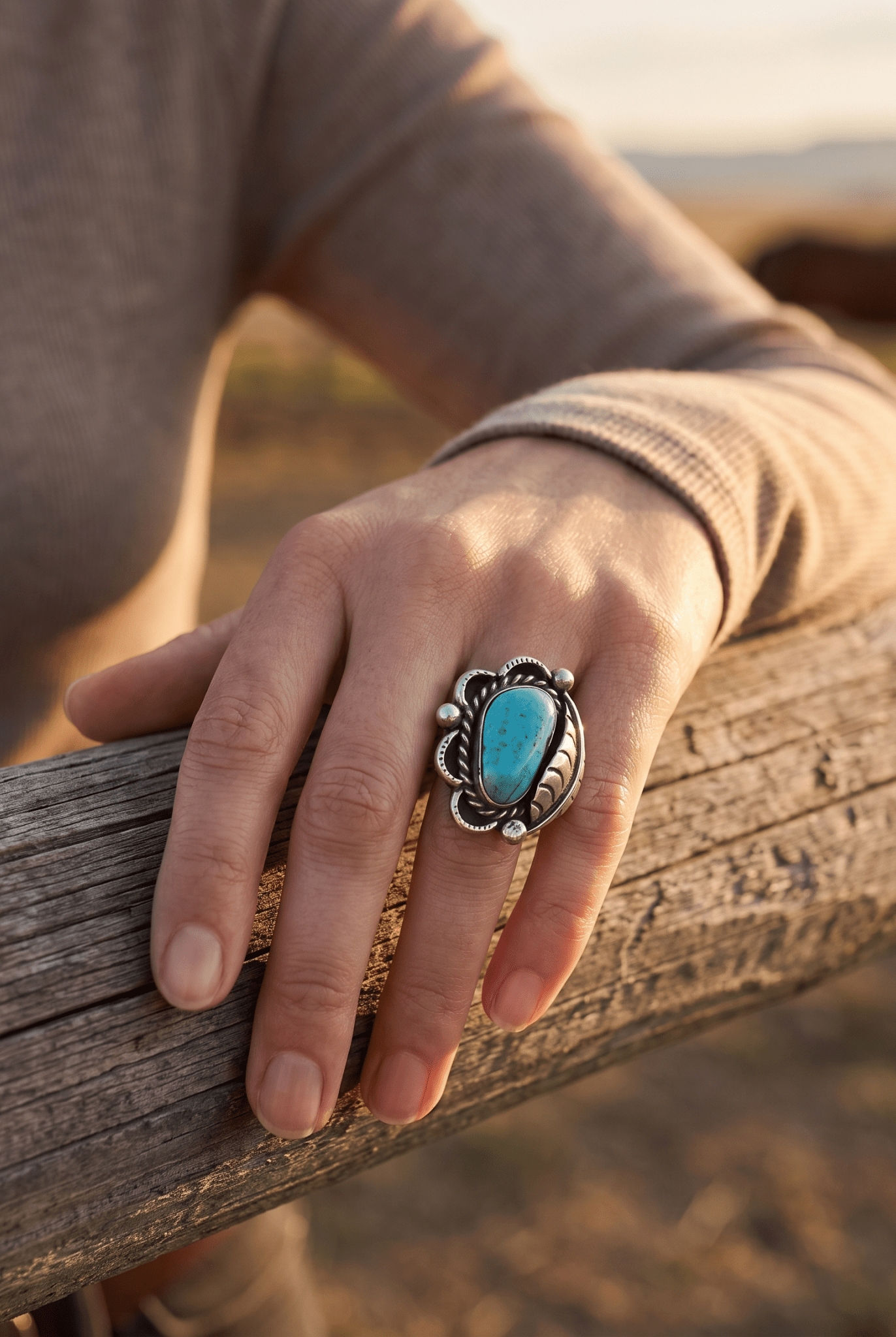 Hand-Stamped Sterling Silver Turquoise Cabochon Ring with Leaf Detail — Size 7 - Cowhide and Conchos