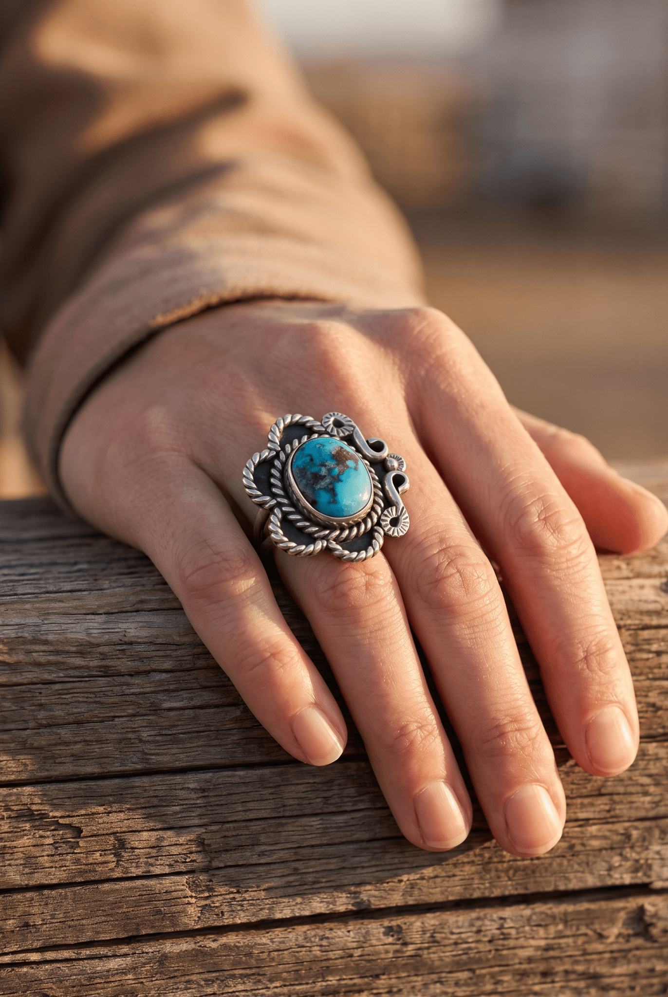 Hand-Stamped Sterling Silver Turquoise Ring — Size 5 (Native-Style) - Cowhide and Conchos