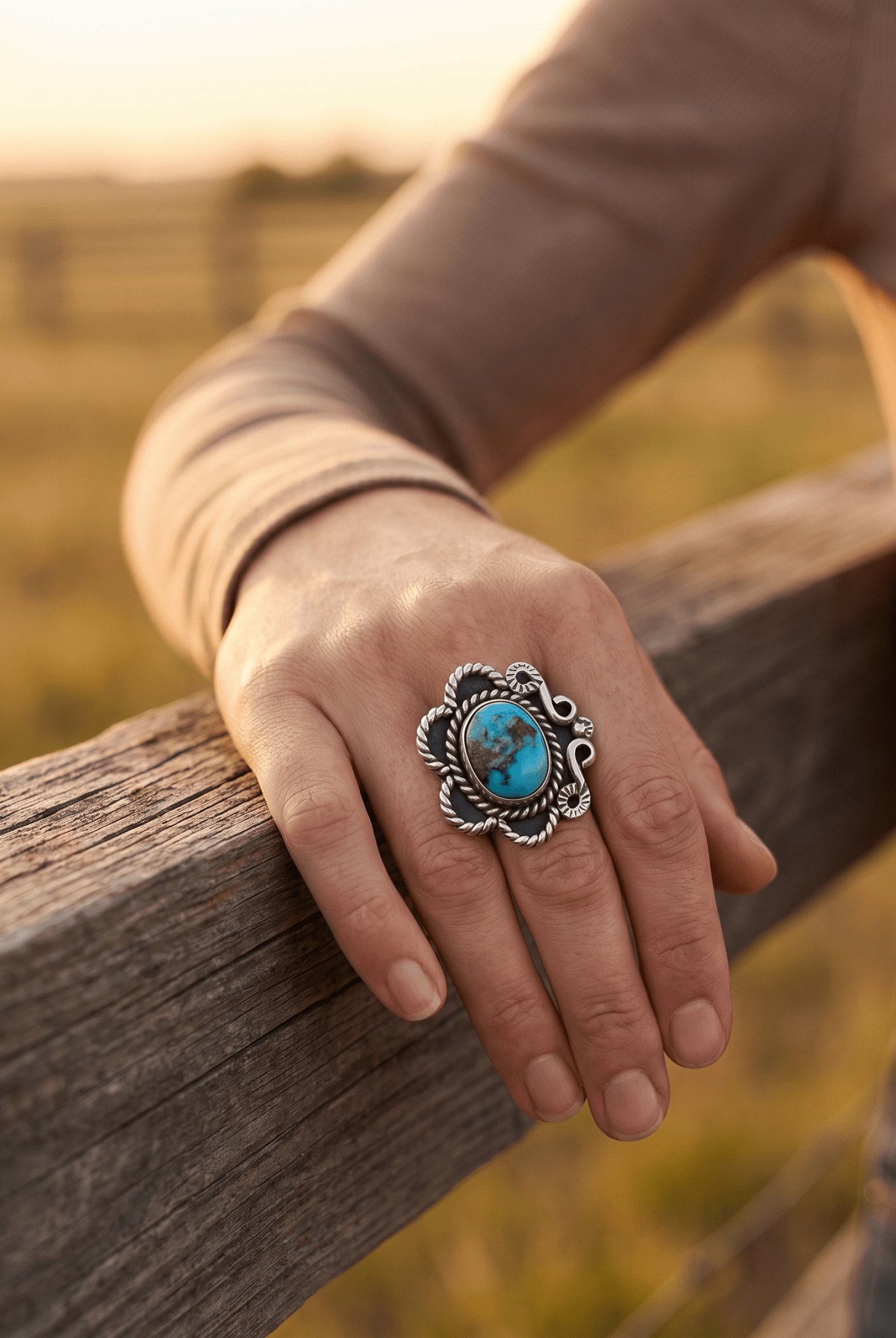 Hand-Stamped Sterling Silver Turquoise Ring — Size 5 (Native-Style) - Cowhide and Conchos