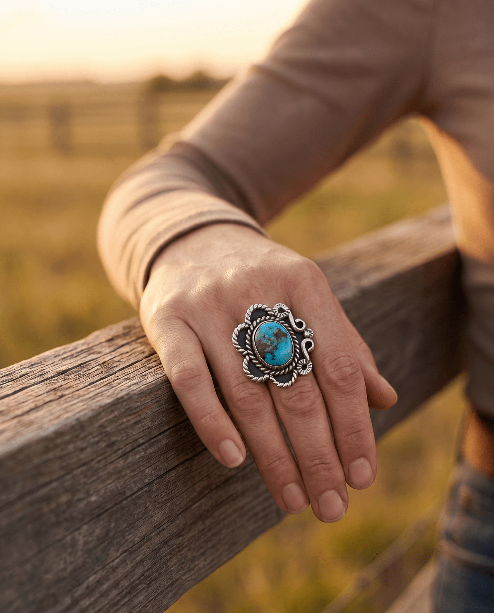 Hand-Stamped Sterling Silver Turquoise Ring — Size 5 (Native-Style) - Cowhide and Conchos