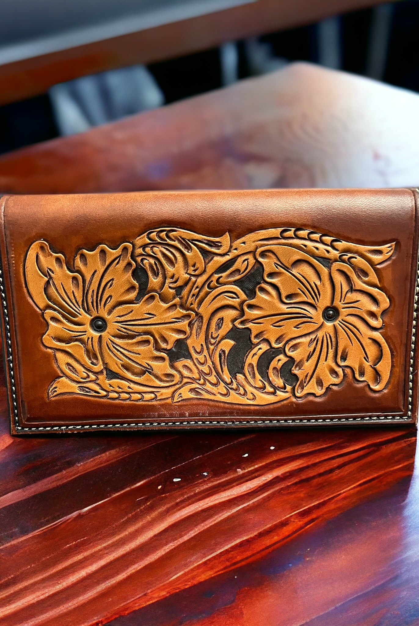 Hand Tooled Check Book Cover - Cowhide and Conchos