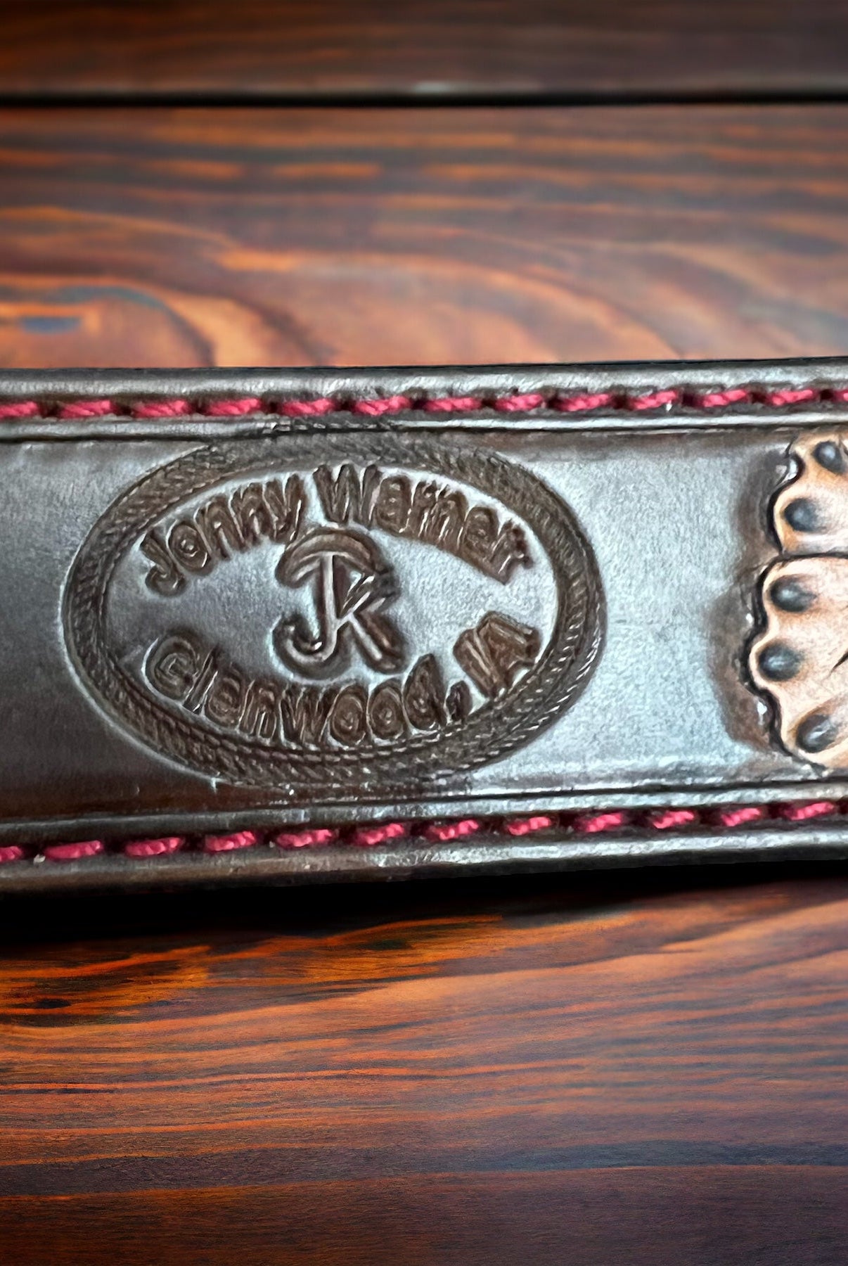 Hand Tooled Leather Belt - Will fit a 32 - 36 inch waist. - Cowhide and Conchos