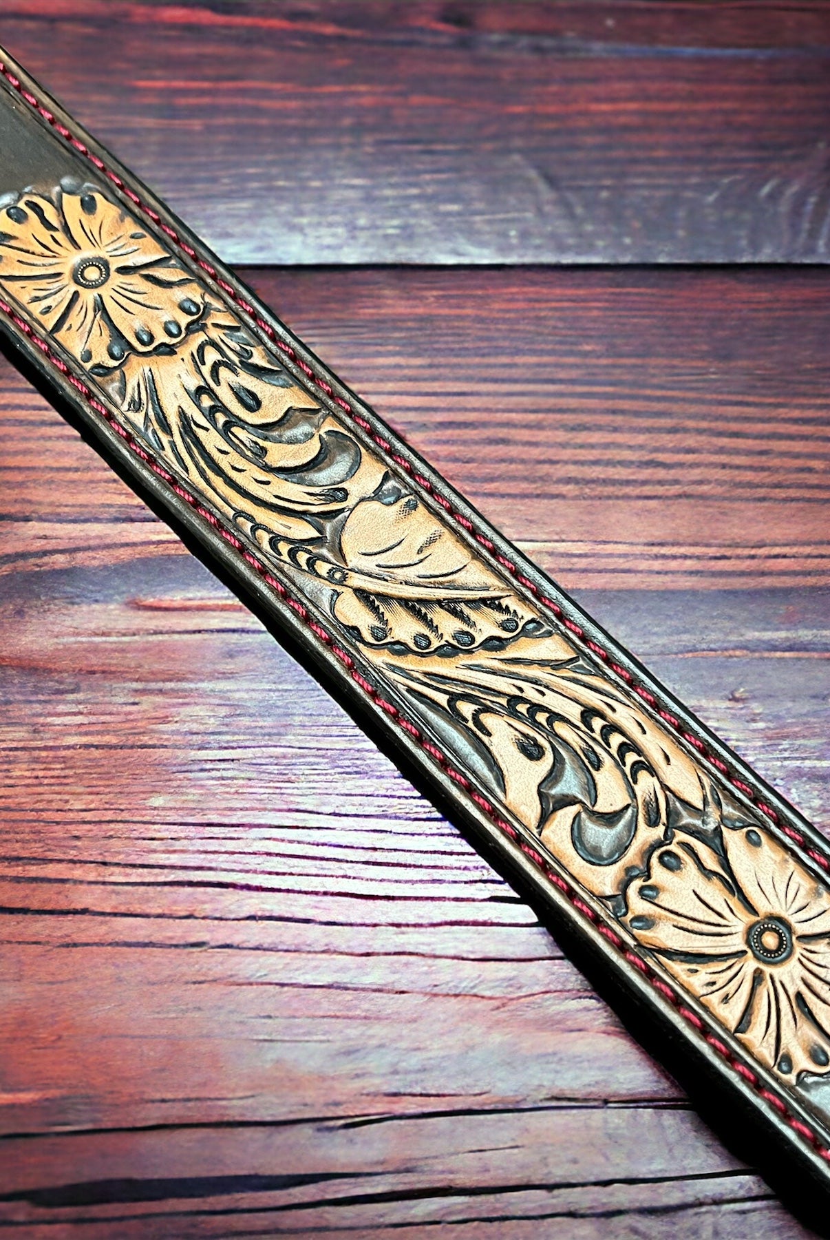 Hand Tooled Leather Belt - Will fit a 32 - 36 inch waist. - Cowhide and Conchos