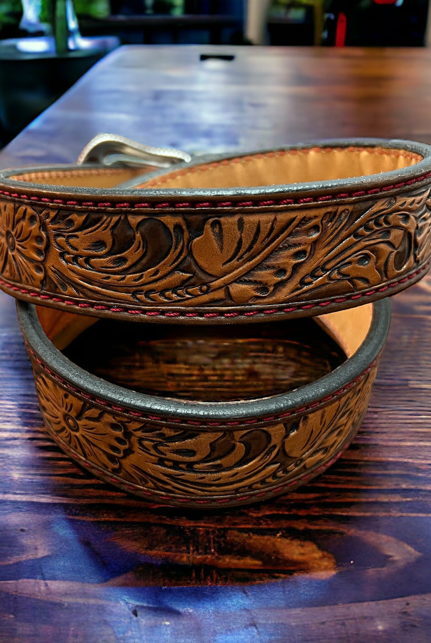 Hand Tooled Leather Belt - Will fit a 32 - 36 inch waist. - Cowhide and Conchos