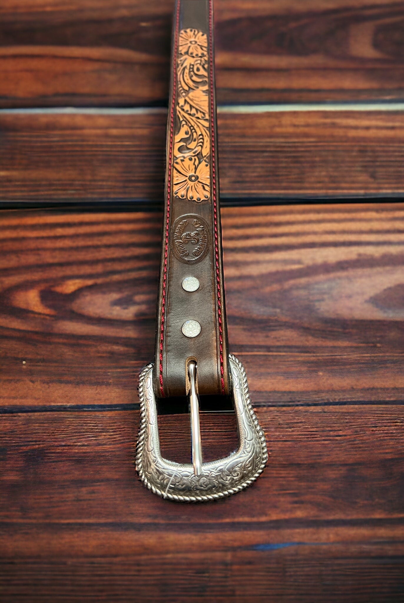 Hand Tooled Leather Belt - Will fit a 32 - 36 inch waist. - Cowhide and Conchos