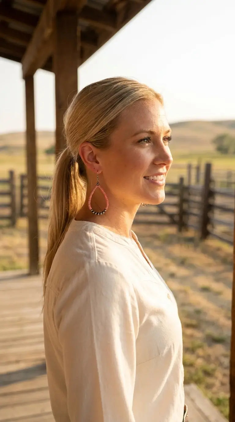 Ranch-porch portrait wearing the Cowhide & Conchos pink teardrop earrings — a soft pop of western color.