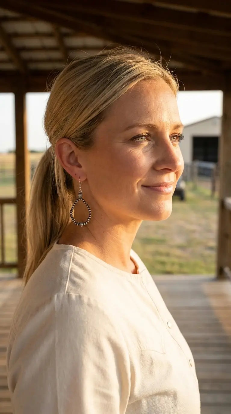 Ranch portrait wearing the Cowhide & Conchos desert pearl teardrop earrings — timeless silver western style.