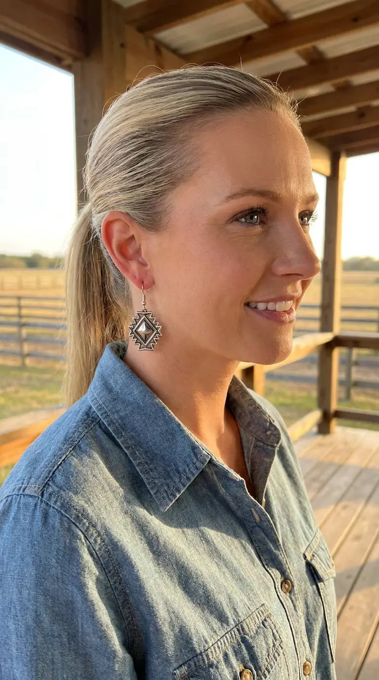 Golden-hour ranch portrait wearing the Cowhide & Conchos Southwestern concho earrings — handcrafted silver western style.