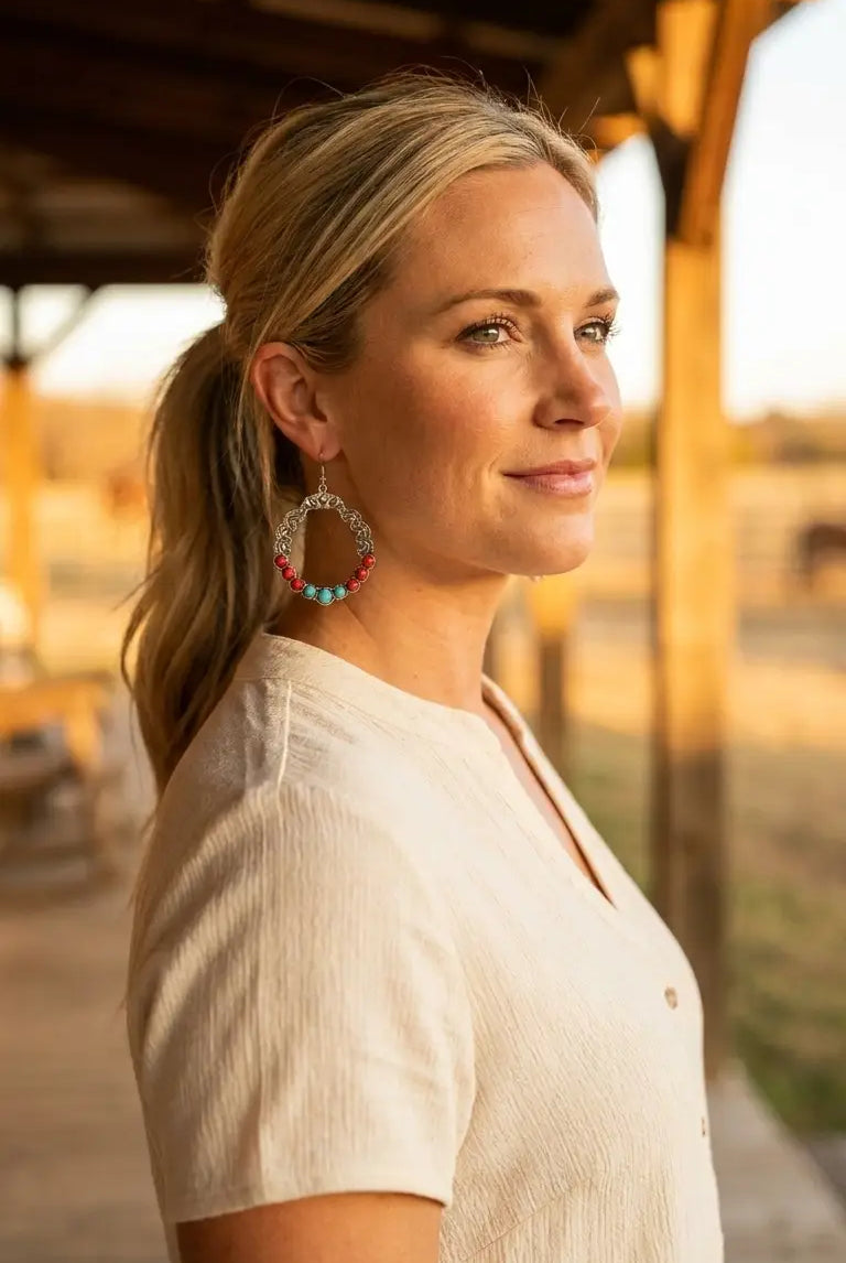 Golden-hour portrait wearing the Cowhide & Conchos turquoise and coral hoop earrings — colorful southwestern style.