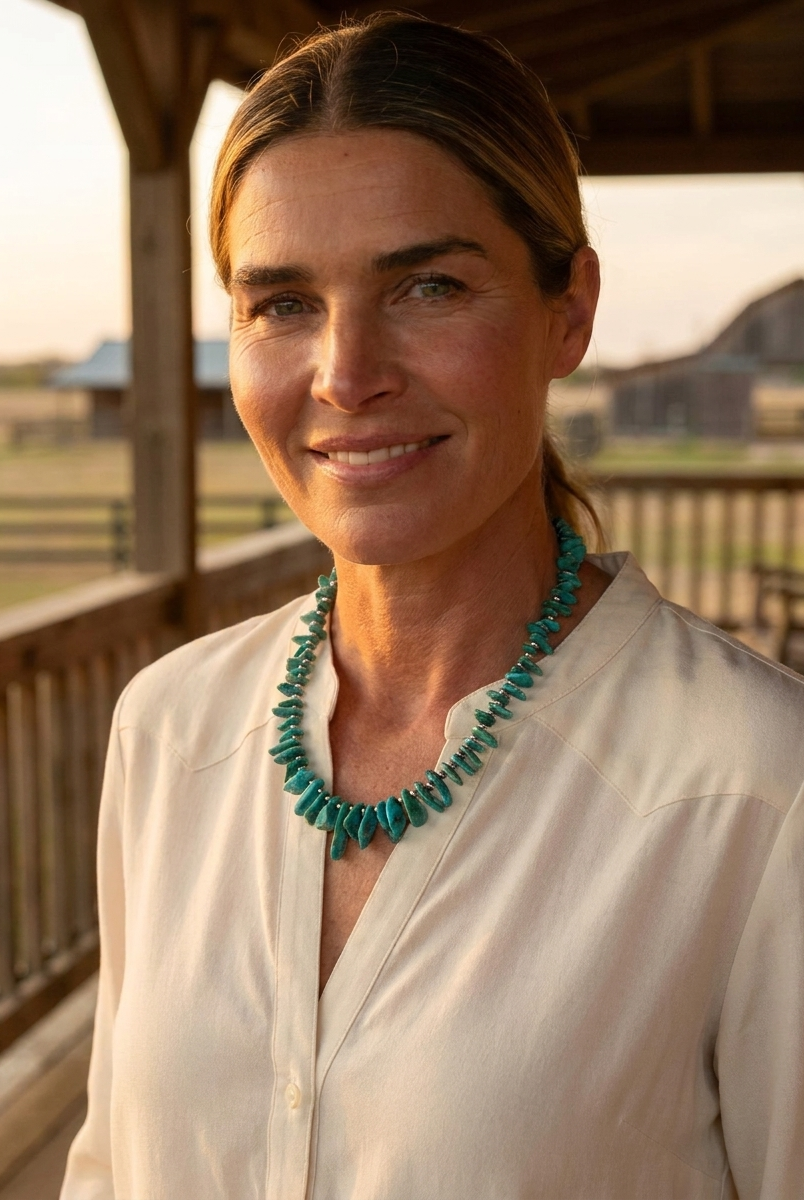 Ranch woman on a sunlit porch wearing the Cowhide & Conchos 3mm sterling pearl & American turquoise necklace — one-of-a-kind southwestern piece.