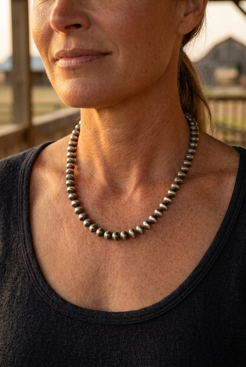 Close-up of the Cowhide & Conchos Bryannen Halwood Navajo Pearl Necklace at the collarbone — authentic Navajo sterling silver, everyday elegance.
