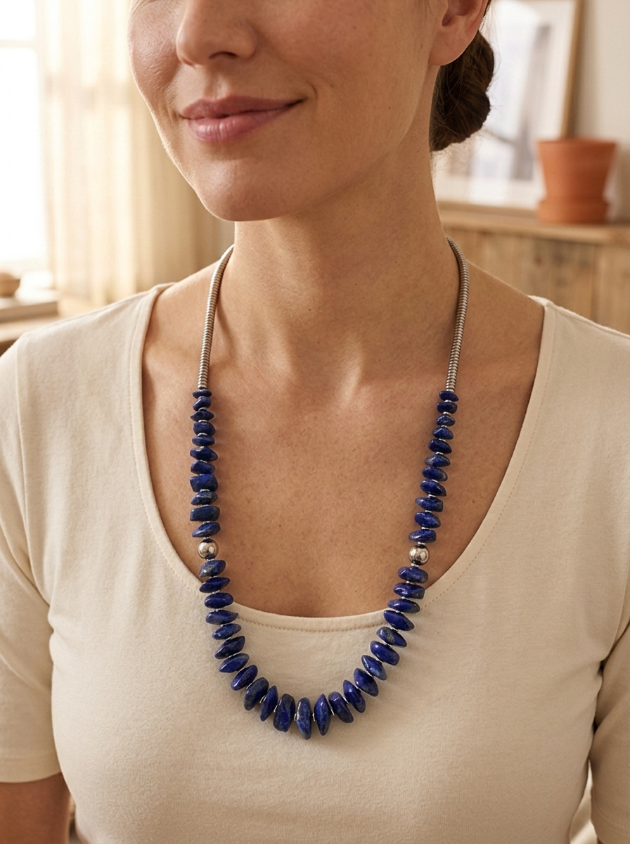 Close-up of the Cowhide & Conchos Graduated Lapis Necklace draping low — deep-blue lapis with hematite and sterling pearl accents.